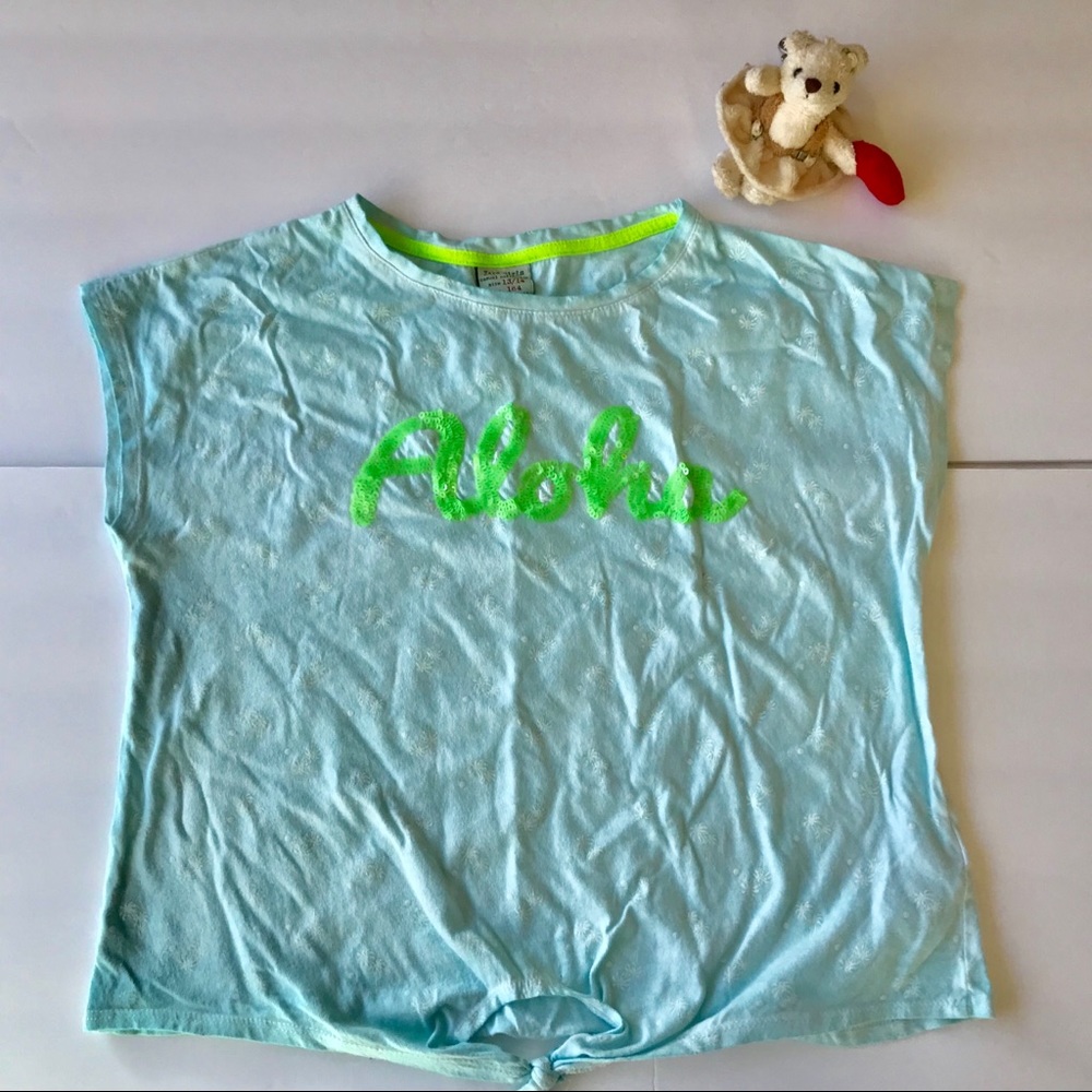 Zara Girls “Aloha” tie-front tee blue